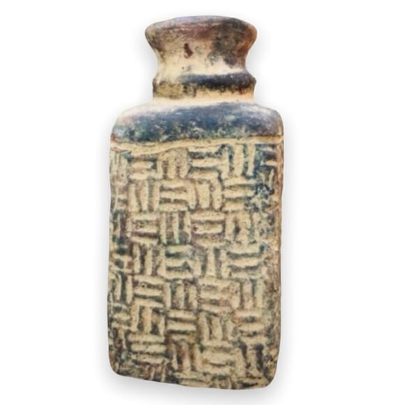 Primitive Mexican Weave Design Short Neck Square Clay Chunky Vessel Vase - Picture 4 of 16